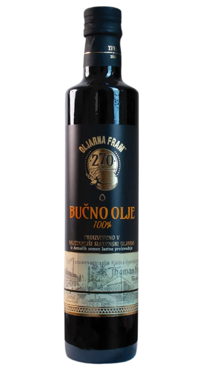 Aceite de calabaza Oljarna Fram. Edición 270 Aniversario. Oljarna Fram Bučno Olje 100% . Proizvedeno v najstarejši slovenski oljarni iz domačih semen lastne proizvodnje