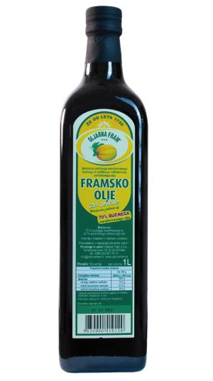 Aceite de Fram. Že od leta 1750 Oljarna Fram. Mešanica jedinega nerafiniranega bučnega in jedilnega rafiniranega sončničnega olja. Framsko Olje za solate.