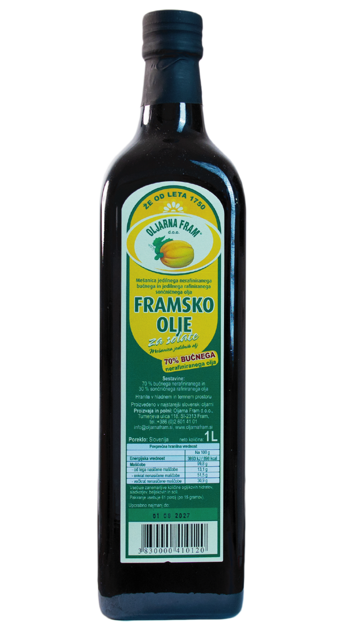 Aceite de Fram. Že od leta 1750 Oljarna Fram. Mešanica jedinega nerafiniranega bučnega in jedilnega rafiniranega sončničnega olja. Framsko Olje za solate.